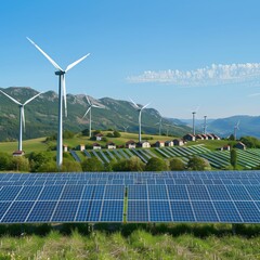 Solar Panels and Windmills Amidst Mountain Scenery