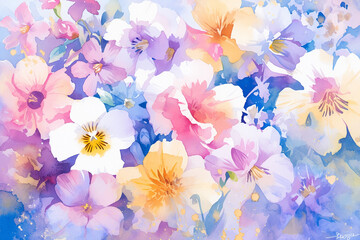 Fototapeta na wymiar Watercolor illustration of colorful flowers. Design for textile, wallpaper, greeting card. Floral composition for wedding or anniversary invitation.