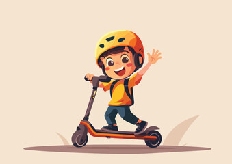 Smiling Boy Riding on Kick Scooter Pushing Off the Gro