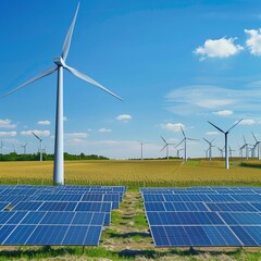 Golden Fields with Solar Panels and Windmills