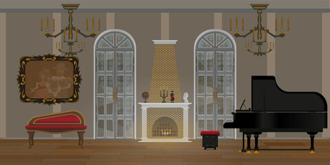 background in the form of the interior of a dark living room with a royal and burning fireplace