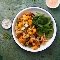Healthy quinoa bowl with pumpkin and cranberry
