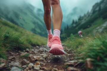 Close up of Low angle view of female legs, a jogger or hiker feet wearing colorful sports shoes on a mountain track. Trail running workout on rocky terrain outdoors, beautiful country road