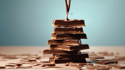 stack of a chocolate bar on blue background