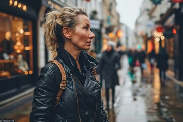 Fototapeta premium Portrait of a young woman in a city street. Blonde girl in a black leather jacket on the background of the street