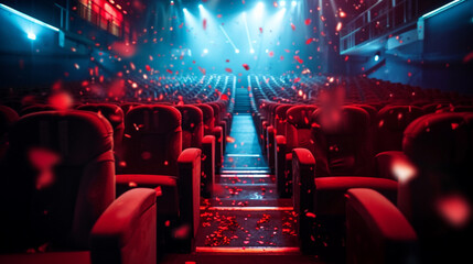 Movie or theater auditorium with red seats and glowing lights.