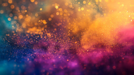 Vibrant colorful gradient blue, purple, pink and yellow powder with golden shining glitter splatters on a black background.