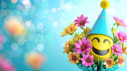 Gift smiley bouquet design. Happy to you greeting text in empty space with smiley emoji in party hat bouquet for anniversary. Generative AI