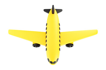 Cute 3D Cartoon Yellow and Black Airplane Isolated on White Background View Above. For Travel Advertise or Ticket Booking Service Concept. Vector Illustration of 3D Render.