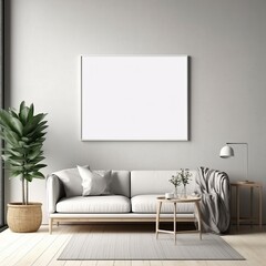 mock up poster frame in modern interior background, living room, minimalistic style, 3D render, 3D illustration 