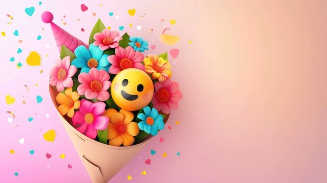 Naklejki Gift smiley bouquet design. Happy to you greeting text in empty space with smiley emoji in party hat bouquet for anniversary. Generative AI
