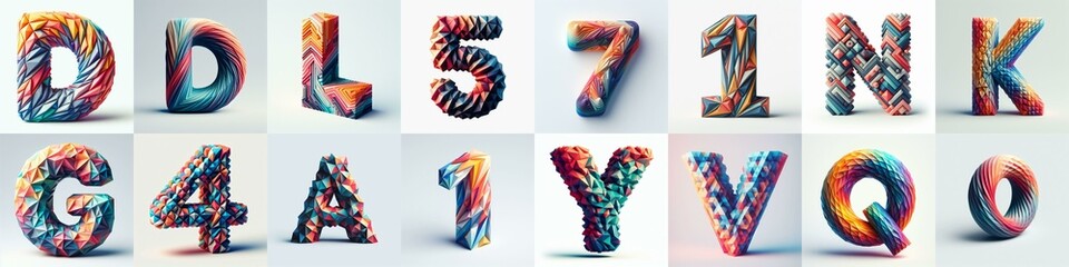 Modern 3D lettering blends Trianglify colors. AI generated illustration