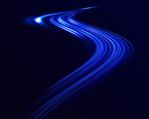 Abstract energy in the form of stripe, arc, curl and zigzag in neon colors with light effect. Light and stripes moving fast over dark background. High-speed light trails effect. 