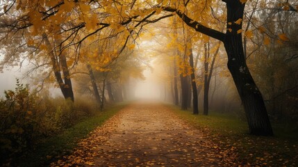 a foggy path in the middle of a forest with and trees with yellow.