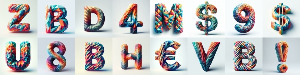 Modern 3D lettering blends Trianglify colors. AI generated illustration