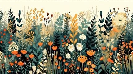 a painting of a field of flowers and plants with oranges, yellows, and green leaves on a white background.