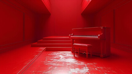 red room with a piano and stairs.