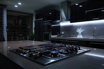Modern minimalist kitchen with a stylish appearance, dark interior Large interior space. Generative AI