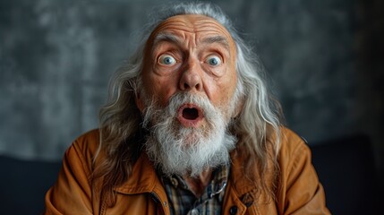 Shocked emotional elderly man with beard against dark studio background. Emotional expressions senior emotions