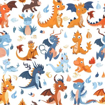 Seamless pattern featuring adorable dragon characters