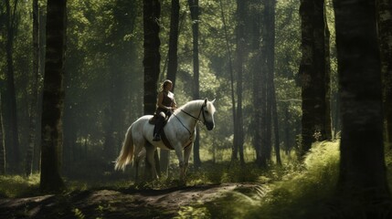 a woman riding on the back of a white horse through a forest filled with tall trees on a sunny day. - obrazy, fototapety, plakaty