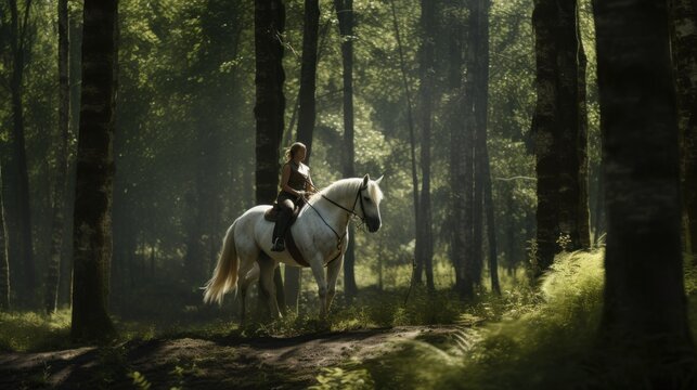 a woman riding on the back of a white horse through a forest filled with tall trees on a sunny day.