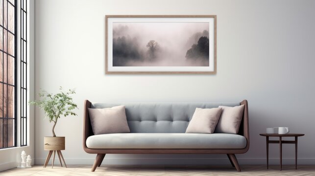 a living room with a couch, table, and a picture hanging on the wall above the couch is a potted plant.