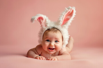 Portrait of a cute happy easter baby wearing easter bunny ears