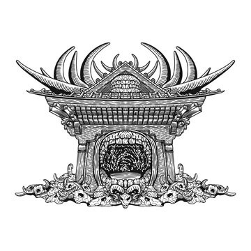 detailed line art tatto, illustration of wooden gate with skull, black domain
