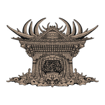 detailed line art vintage, illustration of wooden gate with skull, black domain