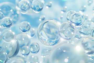 Translucent bubbles floating on a gentle blue backdrop. - obrazy, fototapety, plakaty