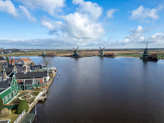 Netherlands - Beautiful old windmills near Amsterdam on the shore of a lake