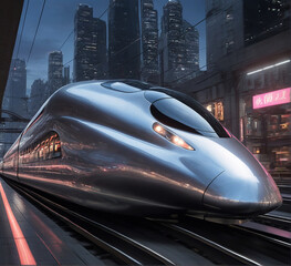 A sleek, silver bullet train gliding through a neon-lit cityscape, its aerodynamic design reflecting the cutting-edge technology of the future.