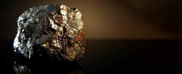 Baumhauerite is a rare precious natural stone on a black background. AI generated. Header banner mockup with space.
