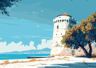 White tower vector thessaloniki greece