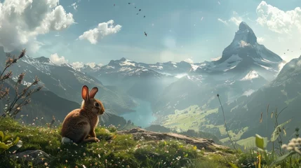 Tuinposter Bunny Hare sitting in Nature and watching. AI Generative © MendyZa