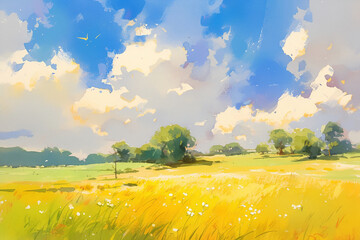 Watercolor landscape of a sunny meadow with wildflowers. Idyllic summer day scene for poster, wallpaper, calendar. Bright and airy pastoral field with copy space.