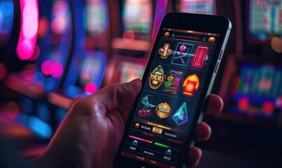 A gamer holding a mobile phone with online casino app interface, neon glowing - obrazy, fototapety, plakaty
