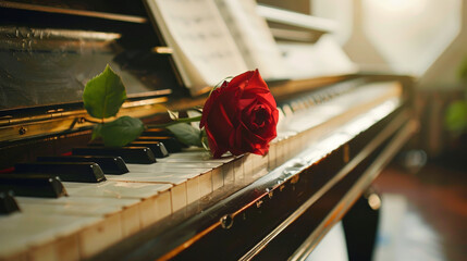 Closeup of piano with some music sheets and a red rose over it. Classical music concept.