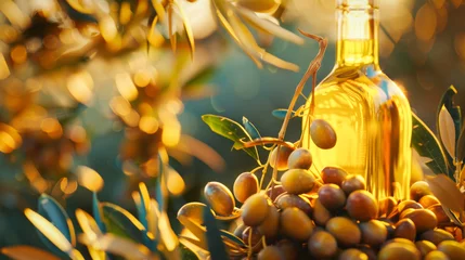 Foto auf Acrylglas A bottle of olive oil and olives in a rural Mediterranean setup © Adrian Grosu