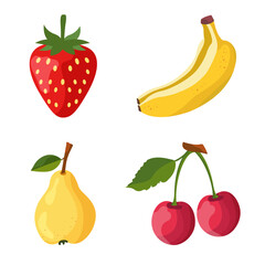Set of fruits cherry, strawberry, pear and banana in vector on white background 