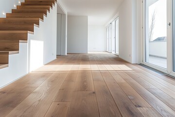 Fototapeta premium A room with wooden floors and stairs, devoid of furnishings.