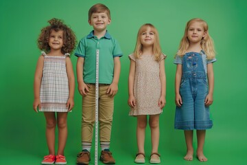 Children of different ages measuracing height on a green background.