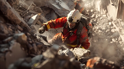 A Rescue worker digs for survivors after a catastrophic earthquake to locate survivors amidst the rubble of fallen buildings.