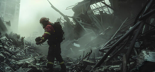 Rescue worker at an earthquake using technology to search for survivors  - obrazy, fototapety, plakaty