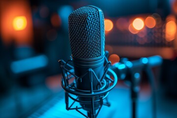 Professional microphone in recording studio, podcast broadcasting studio microphone with neon lights background. Studio condenser microphone, banner with copy space - obrazy, fototapety, plakaty