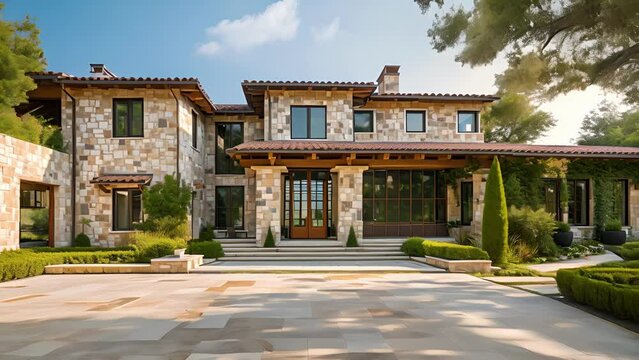 Set in a picturesque location this houses textured facade is a visual delight boasting a unique mix of natural materials such as exposed wood rough stone and handcrafted mosaic