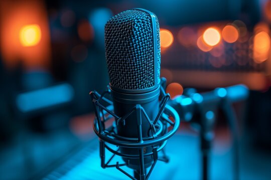 Professional microphone in recording studio, podcast broadcasting studio microphone with neon lights background. Studio condenser microphone, banner with copy space