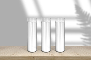 Classic white candle in glass mock up empty shelf with light and window- shadows