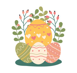 Patterned Easter eggs with floral background. Festive concept with hand-drawn flowers and leaves for decoration and congratulations on the event. Trendy doodle style vector illustration